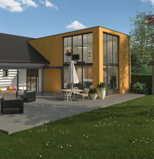 rendu 3D d'une maison avec une extension bois réalisé avec Cedreo