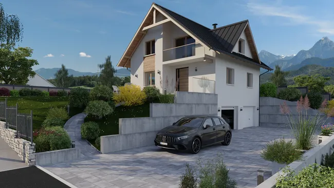 Rendu 3D d'une maison avec terrain en pente et garage en sous sol créé avec Cedreo