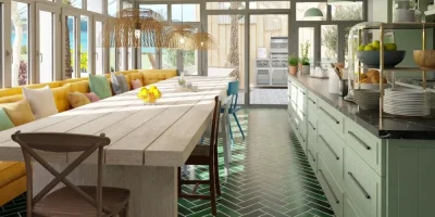 Rendu 3D d'une cuisine avec salle à manger créé avec Cedreo