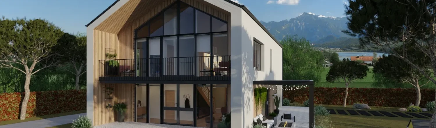 Visuel 3D photoréaliste d'une maison contemporaine en paysage de montage réalisé par Cedreo