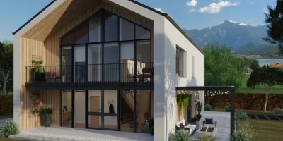 Visuel 3D photoréaliste d'une maison contemporaine en paysage de montage réalisé par Cedreo