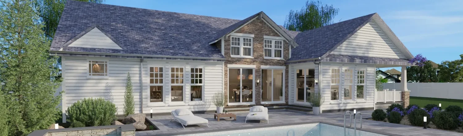 3D render of a Ranch house with pool designed with Cedreo
