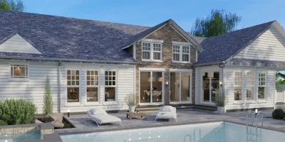 3D render of a Ranch house with pool designed with Cedreo