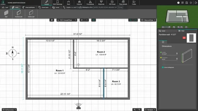 Cedreo software screenshot of the layout step to draw walls