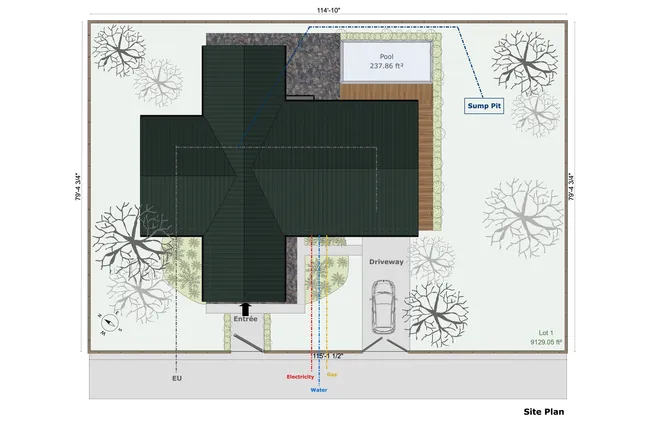 Site plan with symbols and annotations of a Ranch house designed with Cedreo