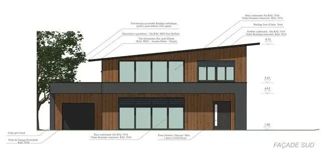 Plano de la fachada sur de una casa moderna de madera realizada con Cedreo.