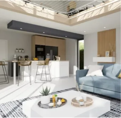 Renderización 3D de un salón moderno realizado con Cedreo