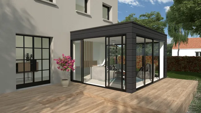 Rendu 3D d'une extension véranda en container créer par Cedreo