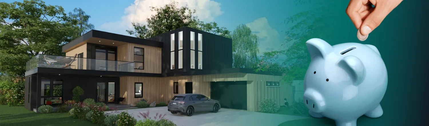 Rendu 3D d'une maison individuelle avec allée et jardin par Cedreo, en plus une image d'une tirelire cochon et d'une main avec une pièce.