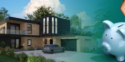 Rendu 3D d'une maison individuelle avec allée et jardin par Cedreo, en plus une image d'une tirelire cochon et d'une main avec une pièce.