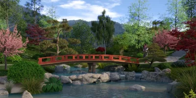 3D render of a Japanese garden designed with Cedreo