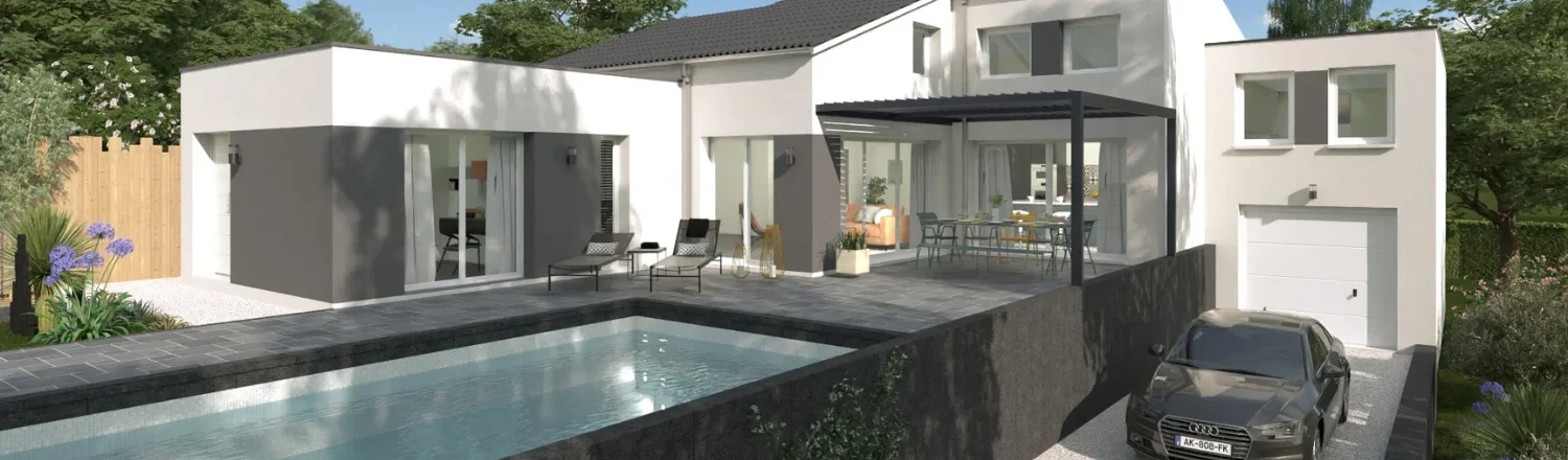 Rendu 3D d'une villa avec une extension demi niveau au dessus d'un garage