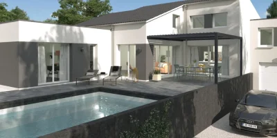 Rendu 3D d'une villa avec une extension demi niveau au dessus d'un garage