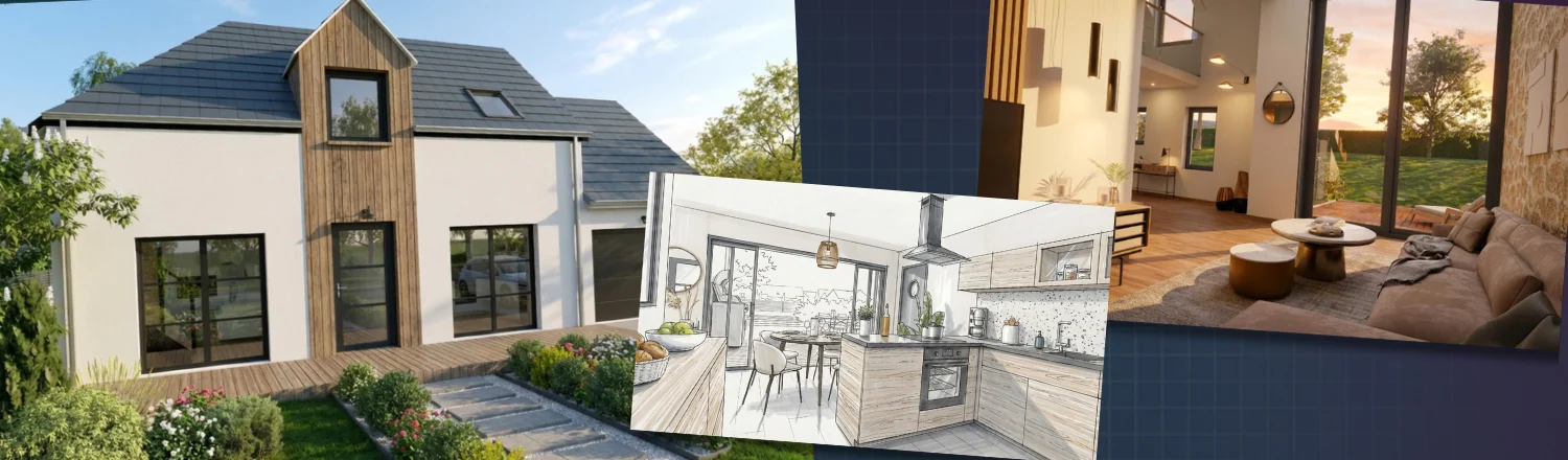 Rendus 3D photoréalistes d'une maison individuelle et de pièce de vie intérieur réaliser avec Cedreo