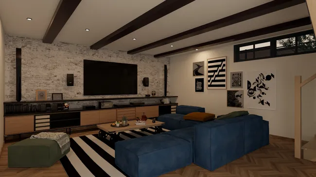 3D render of a livingroom in a basement designed with Cedreo