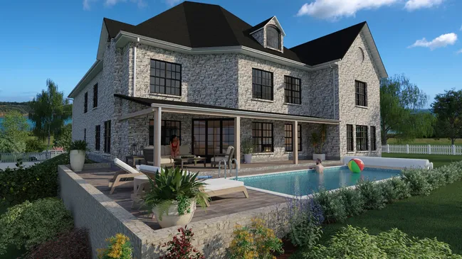 3D rendering of a french country style house with multi-sloped roof and dormer created with Cedreo