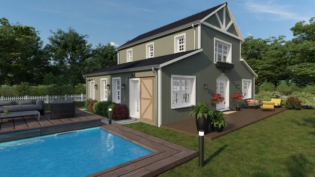 3D render of a green barndo house designed with Cedreo