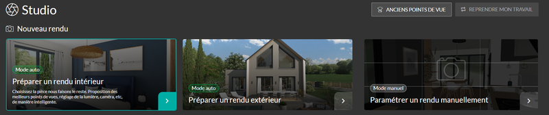 Interface du logiciel Cedreo choix des différents modes pour réaliser un rendu 3D