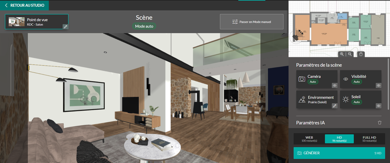 Interface du logiciel Cedreo vue de la scène intérieure en mode automatique