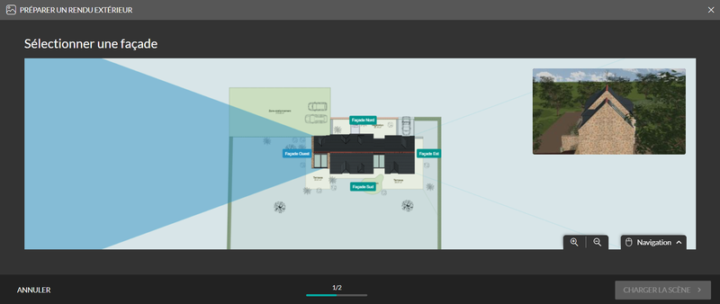Interface du logiciel Cedreo de l'étape rendu 3D en mode automatique extérieur