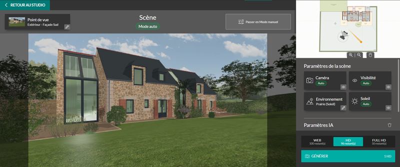 Interface du logiciel Cedreo vue de la scène extérieure en mode automatique