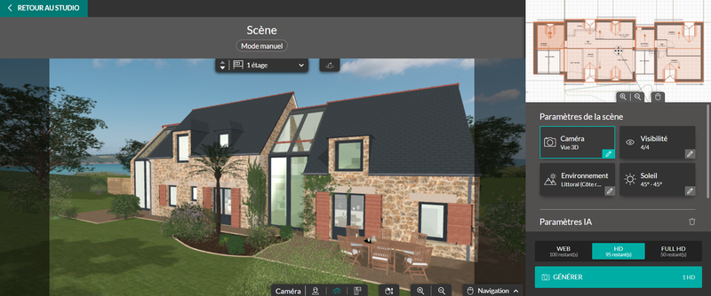 Interface du logiciel Cedreo vue de la scène extérieure en mode manuel