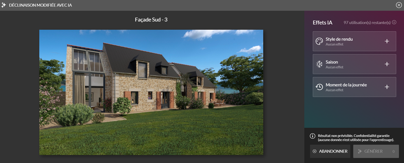 Interface du logiciel Cedreo vue de l'étape effet IA