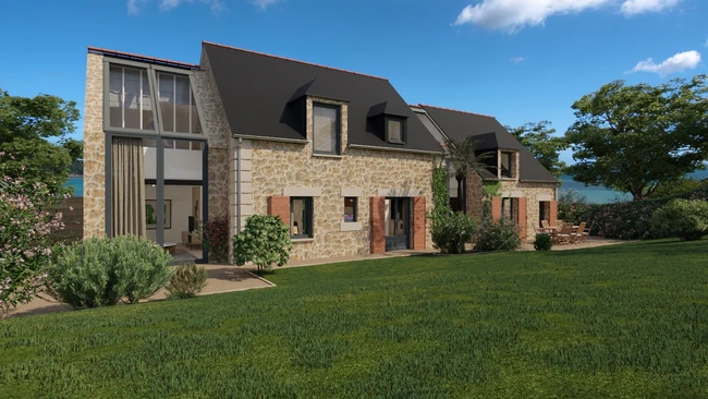 Rendu 3D d'une maison ancienne rénovée avec un extérieur aménagé réaliser avec Cedreo