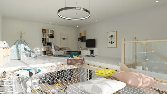 Rendu 3d d'une salle de jeux en mezzanine créé avec Cedreo