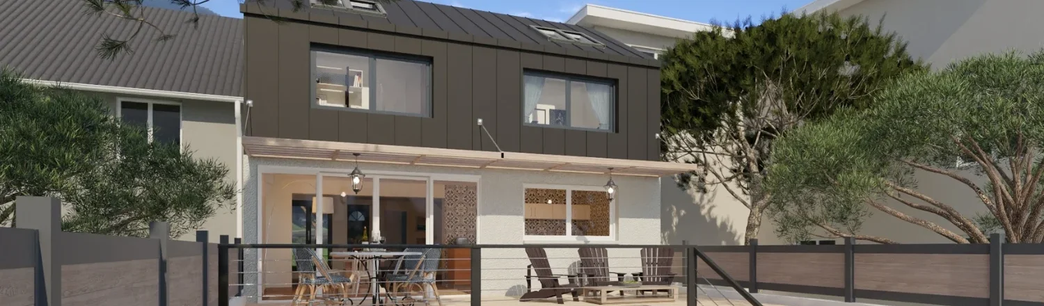 Rendu 3D d'une maison mitoyenne avec une surélévation réaliser avec le logiciel Cedreo