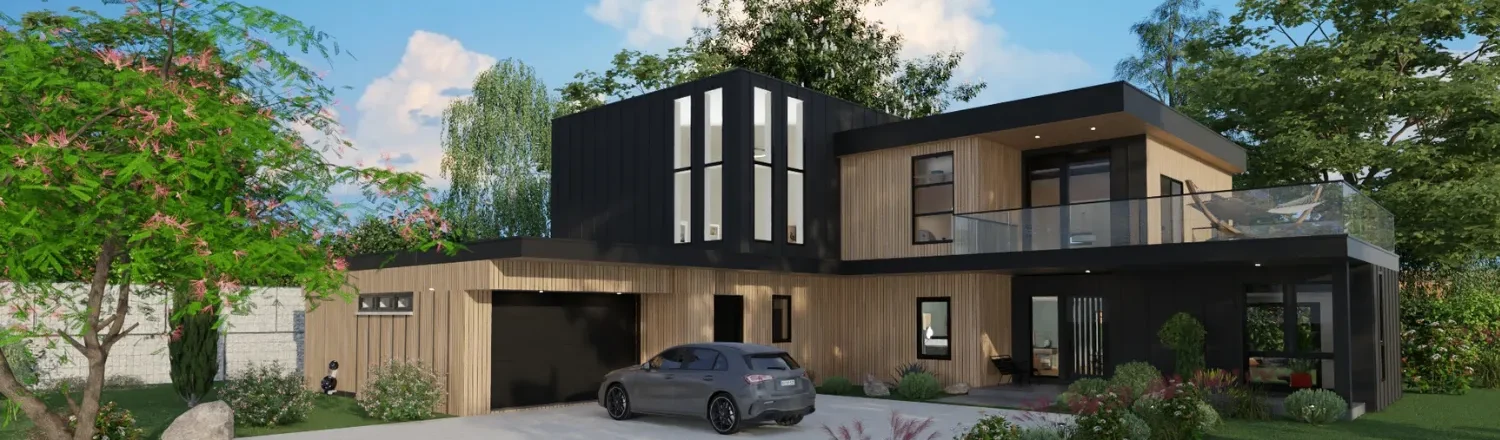 Renderización 3D de una casa con ampliación modular diseñada con Cedreo