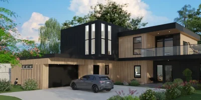 Renderización 3D de una casa con ampliación modular diseñada con Cedreo