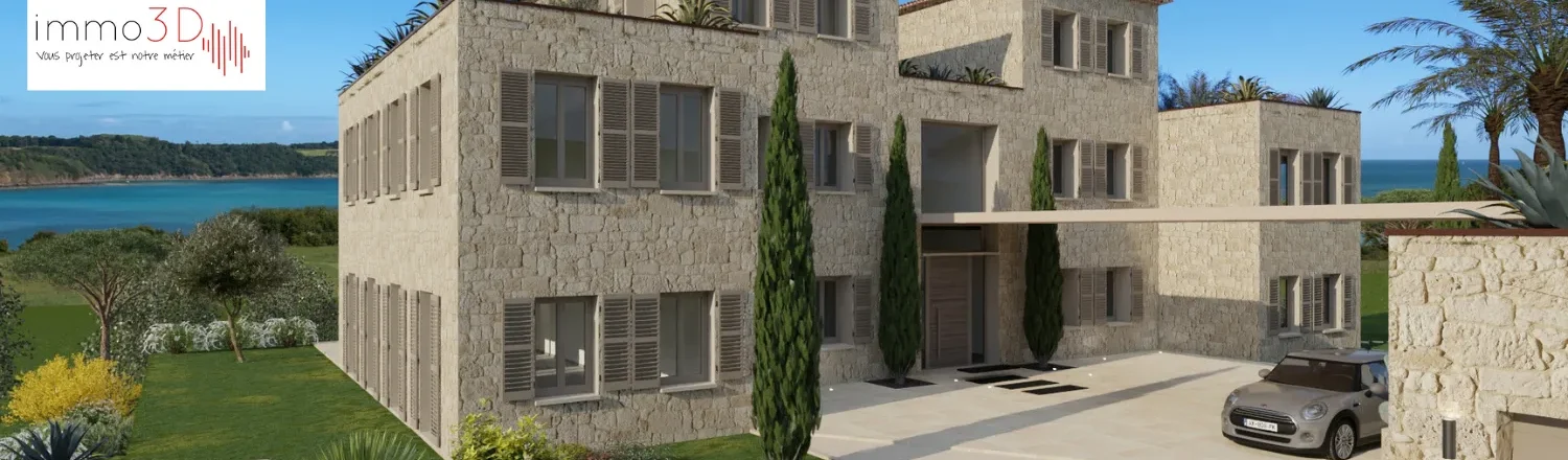 rendu 3D d'une maison en pierre réalisé par Immo3D pour blog