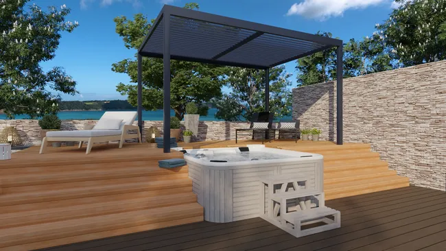 3D render of a deck with jacuzzi designed with Cedreo