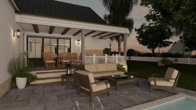 3D render of a furnished deck at night with lighting designed with Cedreo