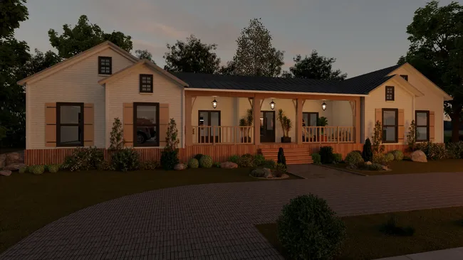 3D render of farmhouse with traditional wood deck designed with Cedreo