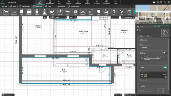Cedreo software screenshot layout step with deck