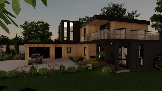 Renderización 3D de una casa con ampliación modular diseñada con Cedreo