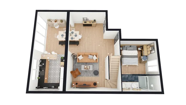 Plan 3D extension d'une cuisine et salle à manger avec verrière réalisé avec le logiciel Cedreo