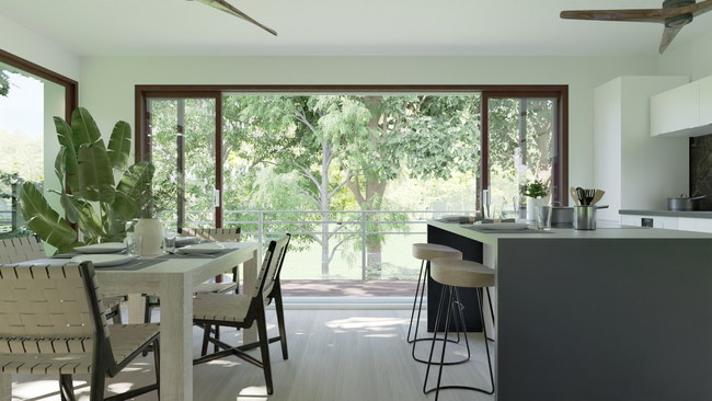 Rendu 3D d'une rénovation de cuisine ouverte sur la nature réaliser avec le logiciel Cedreo