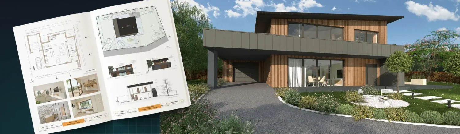 photo montage d'un rendu 3D d'une maison individuelle moderne avec revêtment bardage en bois et son document de présentation APS réalisez avec le logiciel Cedreo