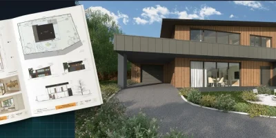 photo montage d'un rendu 3D d'une maison individuelle moderne avec revêtment bardage en bois et son document de présentation APS réalisez avec le logiciel Cedreo