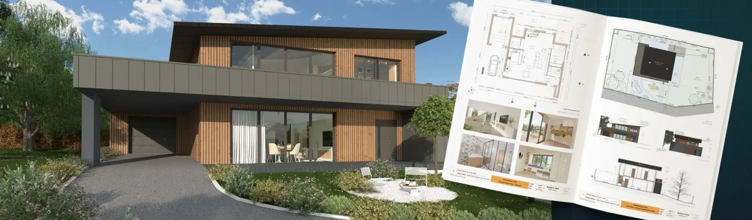 Rendu 3D d'une maison individuelle moderne avec revêtement bardage en bois et son document de présentation APS réalisez avec le logiciel Cedreo