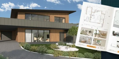 Rendu 3D d'une maison individuelle moderne avec revêtement bardage en bois et son document de présentation APS réalisez avec le logiciel Cedreo