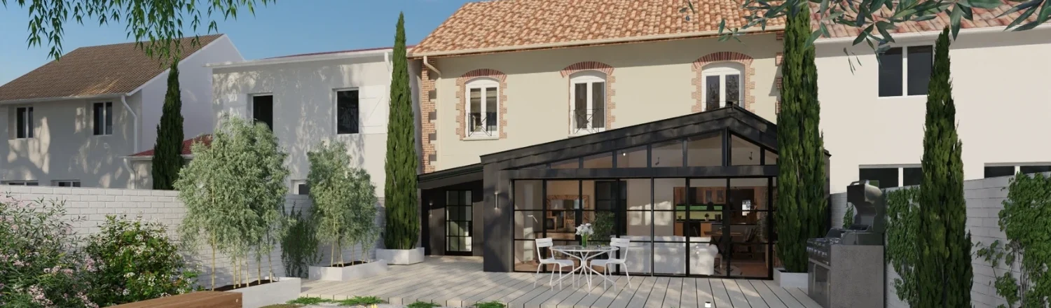 Rendu 3D d'une maison mitoyenne du sud avec une extension véranda contemporaine réalisé vec le logiciel Cedreo