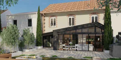 Rendu 3D d'une maison mitoyenne du sud avec une extension véranda contemporaine réalisé vec le logiciel Cedreo