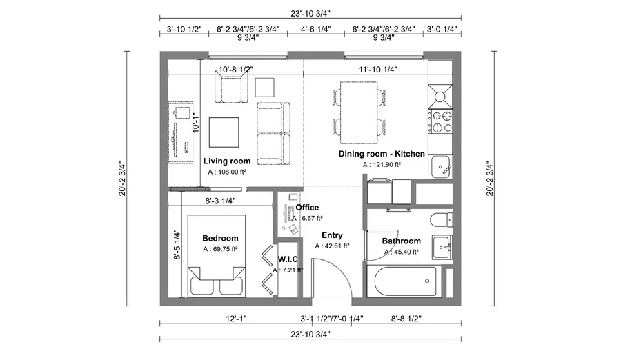1-bedroom apartment 2D floor plan with dimensions designeed with Cedreo