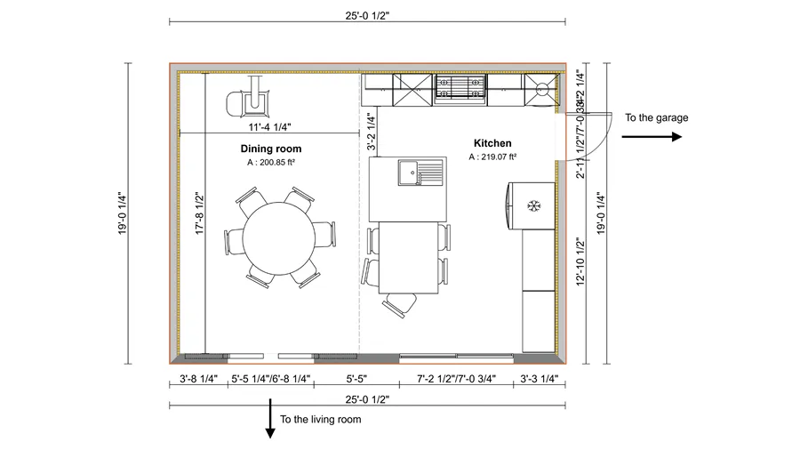 Kitchen 2D floor plan with dimensions