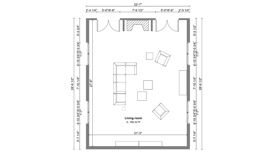 livingroom 2D floor plan with dimension designed with Cedreo