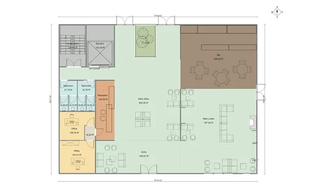 2D plan of a reception and lobby designed with Cedreo